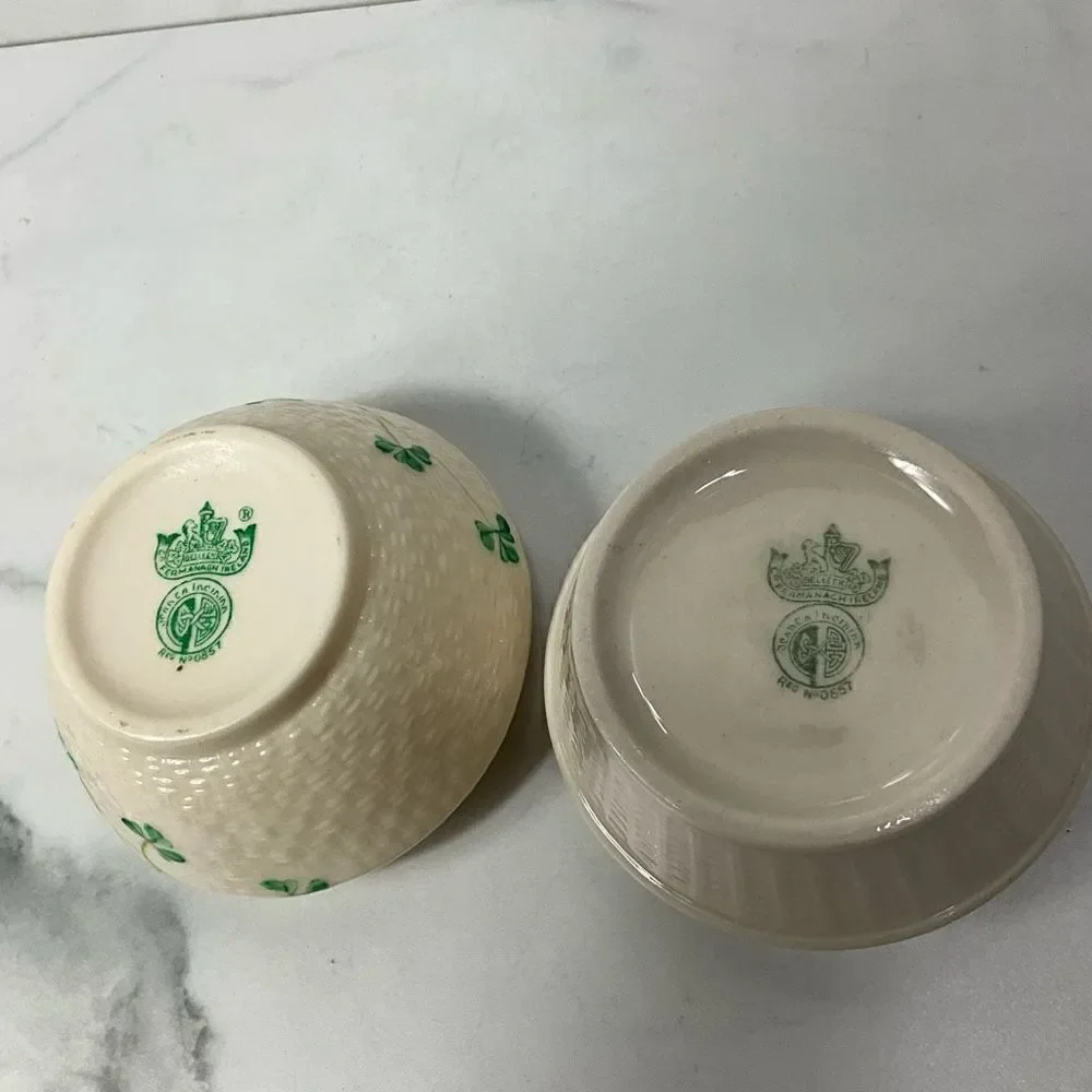 VINTAGE BELLEEK Porcelain Sugar Bowls Shamrock and Basketweave